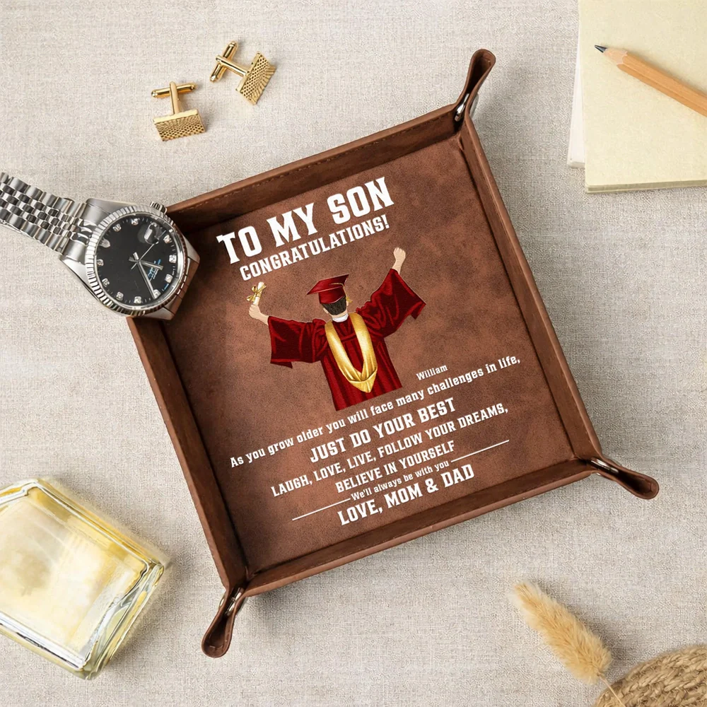 Leather Valet Tray With Graduation Cap Art and Encouraging Quote, Desk and Dresser Organizer, Unique Gift for Son