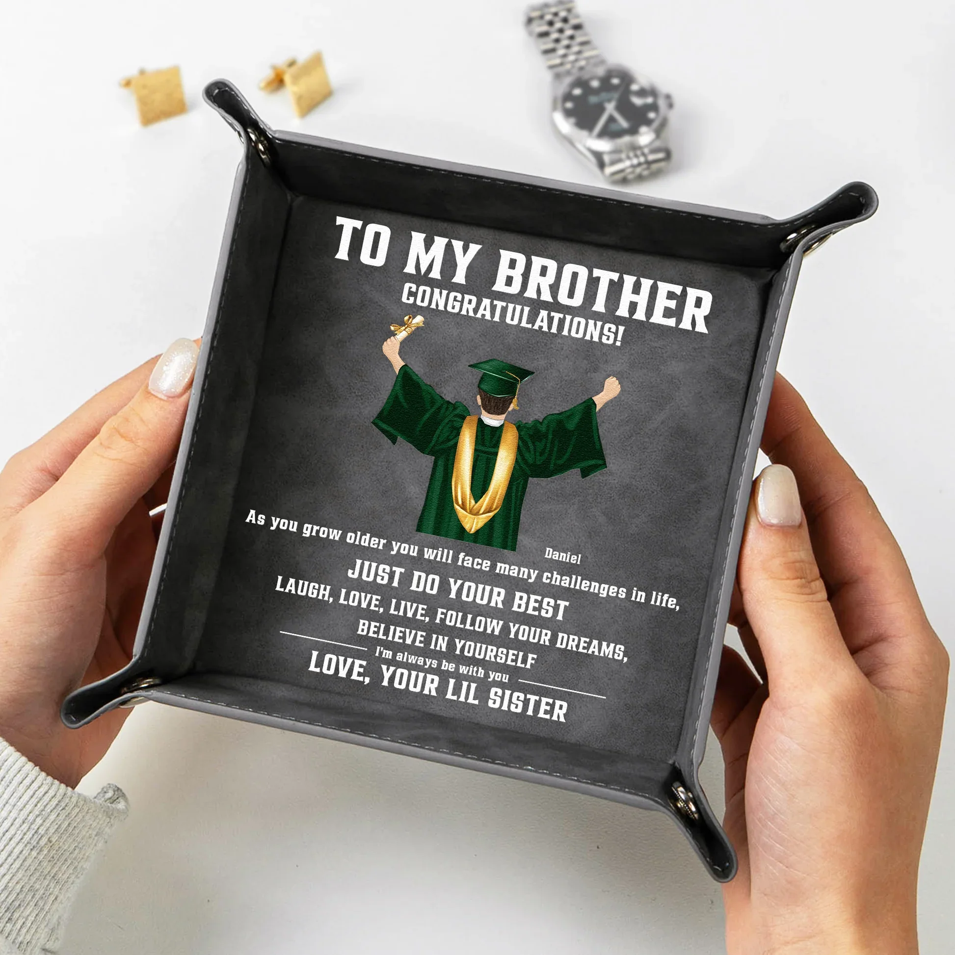 Leather Valet Tray With Graduation Cap Art and Encouraging Quote, Desk and Dresser Organizer, Unique Gift for Son - Image 3