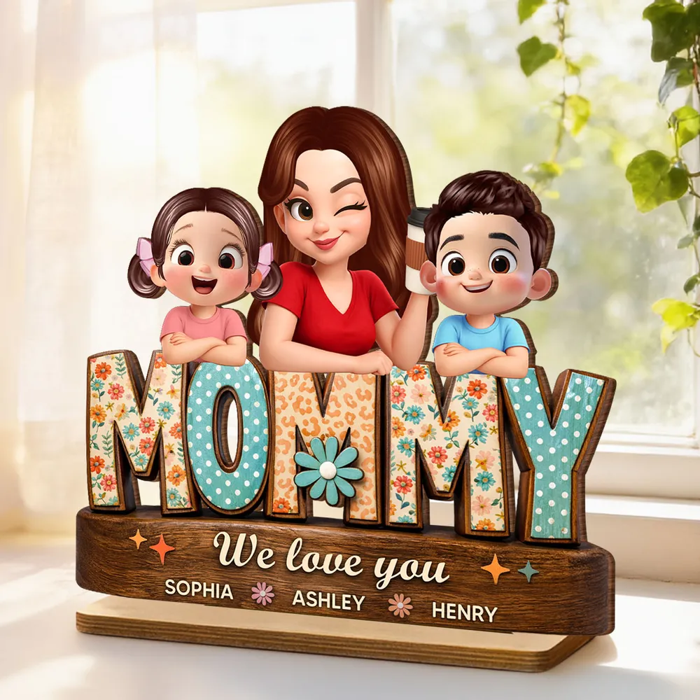 Personalized 2-Layer Wooden Plaque Mommy We Love You Cute Cartoon Family Gift for Mom - Sweet Preppy Pattern Keepsake - Image 4