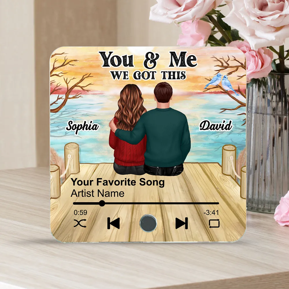 Personalized Acrylic Music Magnet with Couple Sitting by the Lake, You & Me We Got This, Unique Romantic Gift for Him or Her