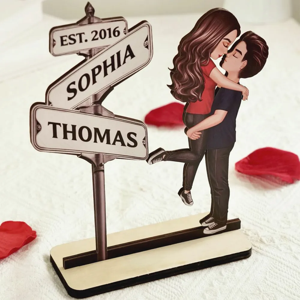 Personalized Street Sign Couple 2-Layer Wooden Plaque for Husband or Wife - Kissing Pose Keepsake, Unique Gift - Image 2