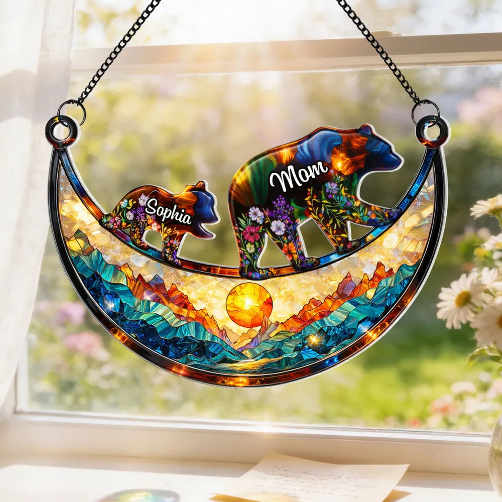 Personalized Mama Bear Acrylic Suncatcher Ornament, Colorful Stained Glass Style Window Decor, Unique Gift for Mom