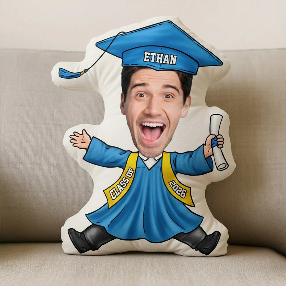 Personalized Funny Face Graduation Shaped Pillow, Custom Cartoon Grad With Cap & Diploma, Unique Senior Gift - Image 2