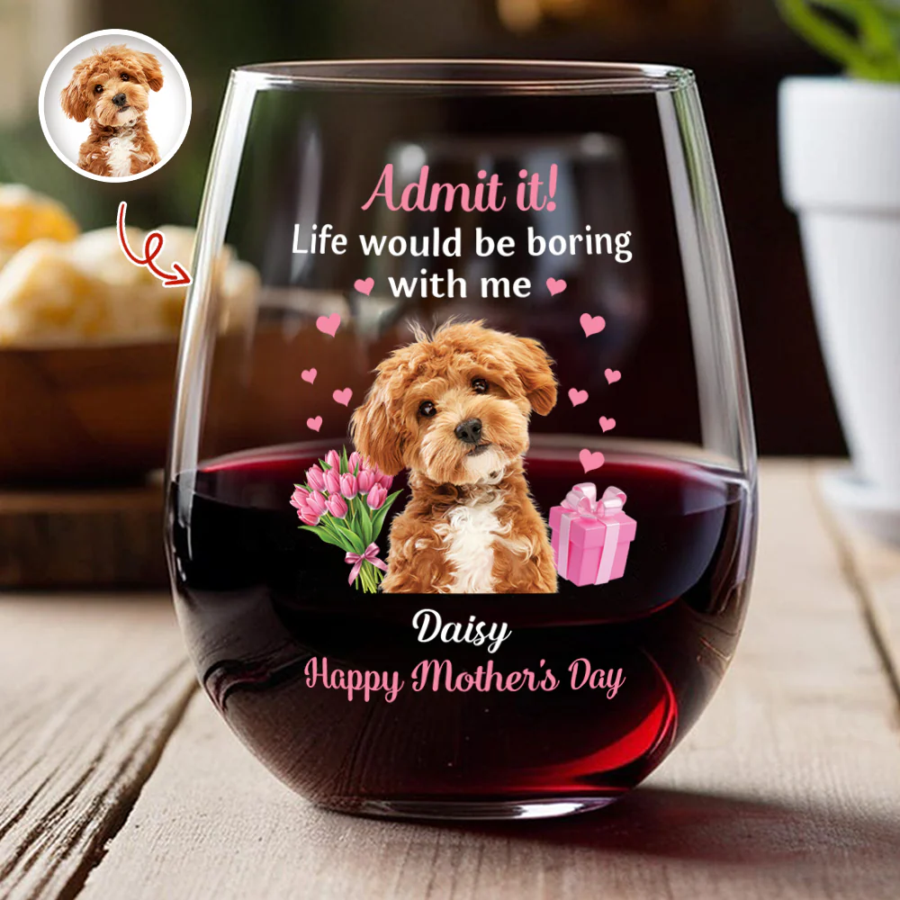Personalized Pet Photo Wine Glass Admit It Life Would Be Boring With Me Cute Mother's Day Gift for Dog Moms - Image 3