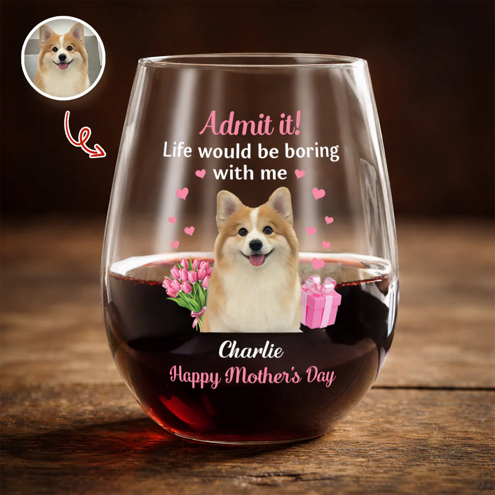 Personalized Pet Photo Wine Glass Admit It Life Would Be Boring With Me Cute Mother's Day Gift for Dog Moms - Image 5