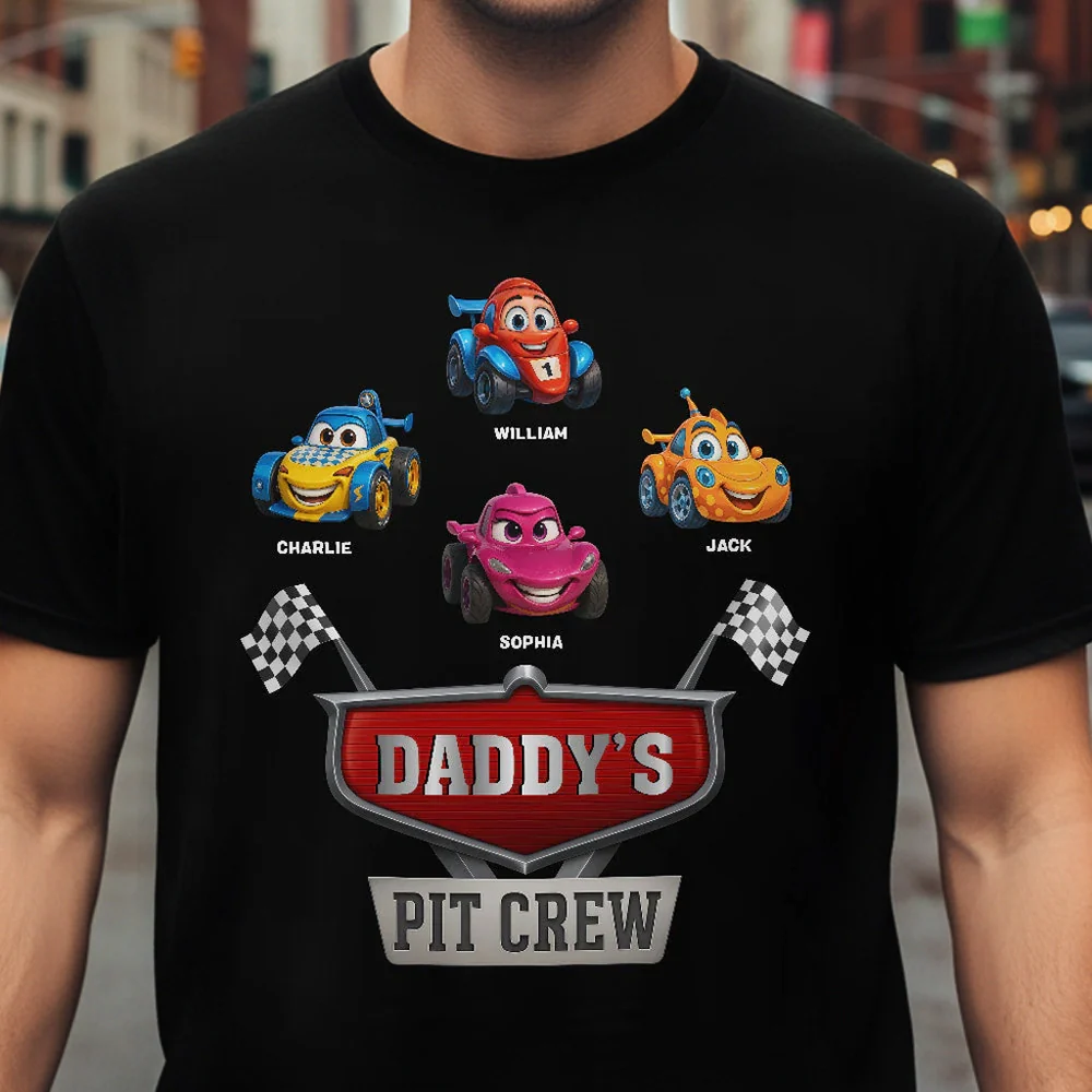 Personalized Daddy's Pit Crew Classic Tee with Cute Cartoon Race Cars - Unique Gift for Dad with a Fun Family Vibe