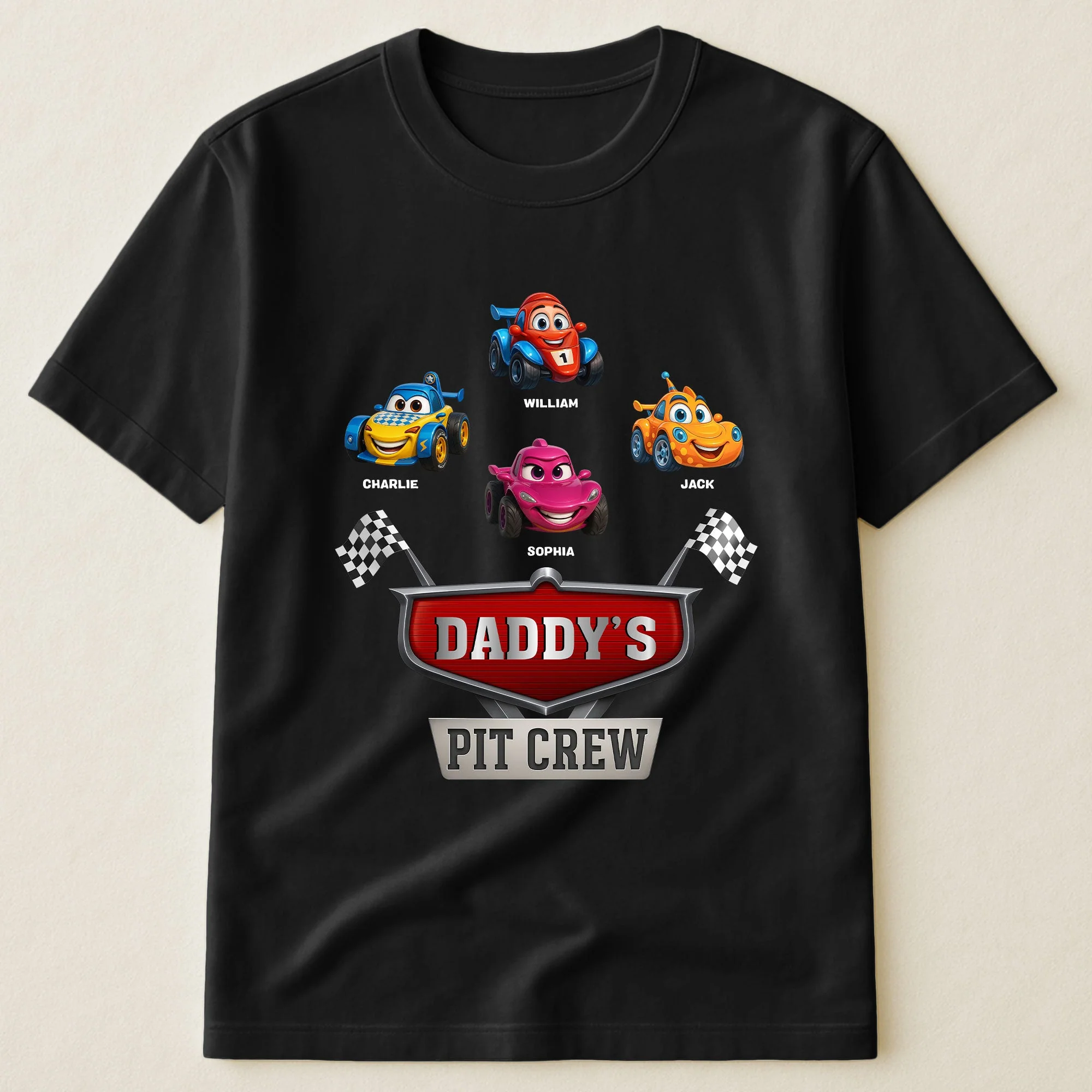 Personalized Daddy's Pit Crew Classic Tee with Cute Cartoon Race Cars - Unique Gift for Dad with a Fun Family Vibe - Image 3