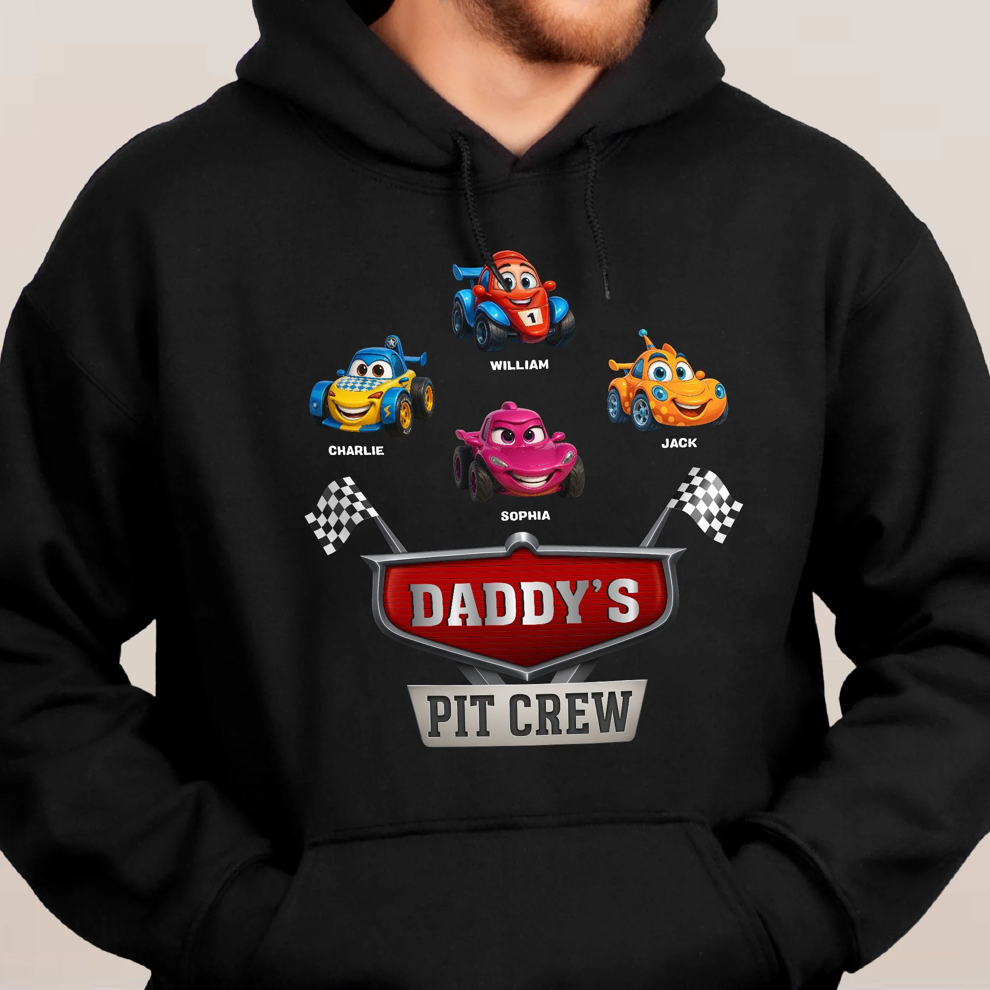 Personalized Daddy's Pit Crew Classic Tee with Cute Cartoon Race Cars - Unique Gift for Dad with a Fun Family Vibe - Image 5