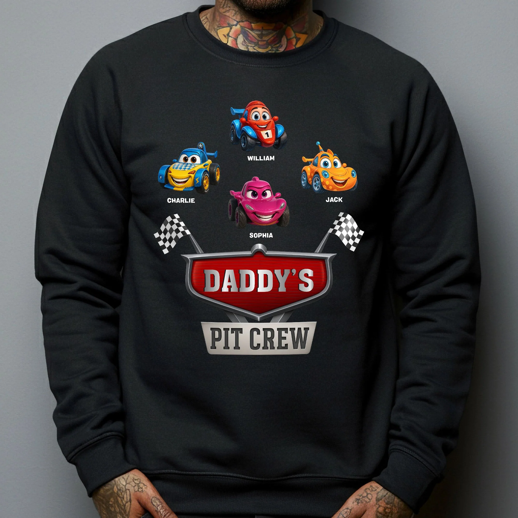 Personalized Daddy's Pit Crew Classic Tee with Cute Cartoon Race Cars - Unique Gift for Dad with a Fun Family Vibe - Image 7