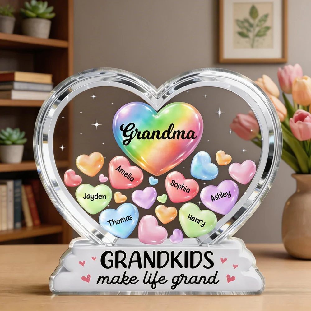 Personalized Shaped Acrylic Block Plaque for Grandma, Colorful Heart Grandkids Design, Sweet Shelf Decor, Unique Gift