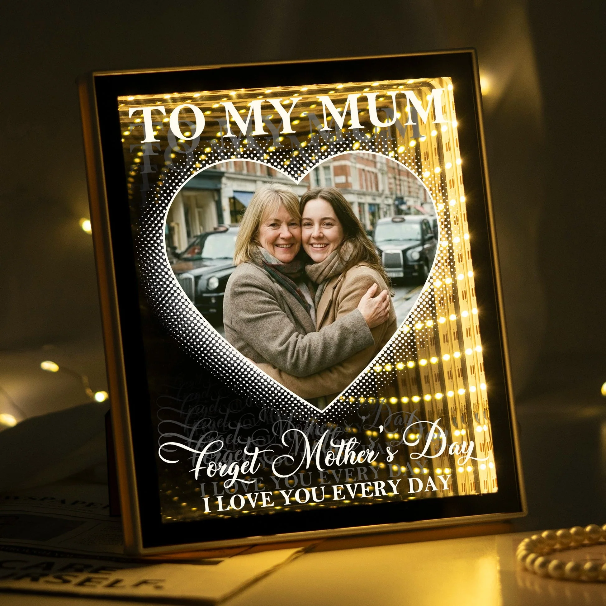 Infinity Mirror Light Box for Mom - Heart Photo Tunnel Glow, Warm Golden Lights, Unique Mother's Day Gift - Image 6