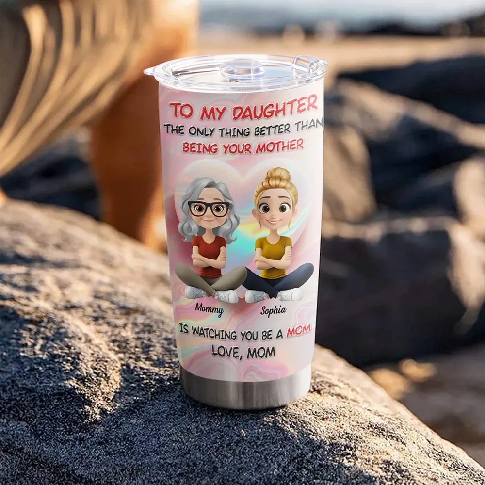 Personalized Insulated Travel Tumbler with Cute Mom and Daughter Cartoon, Heart Background, Unique Mother's Day Gift - Image 5