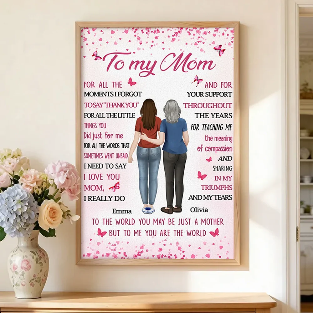 Personalized Mom Quote Poster, Custom Mother Daughter Hugging Wall Art, Pink Butterflies, Unique Gift for Mom