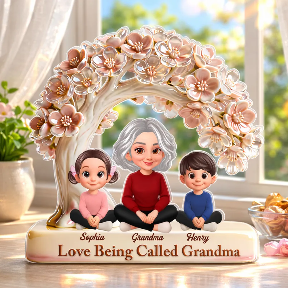 Shaped Acrylic Block Plaque with Grandma and Grandkids Under Blossom Tree, Personalized Home Accent, Thoughtful Gift for Grandma - Image 2
