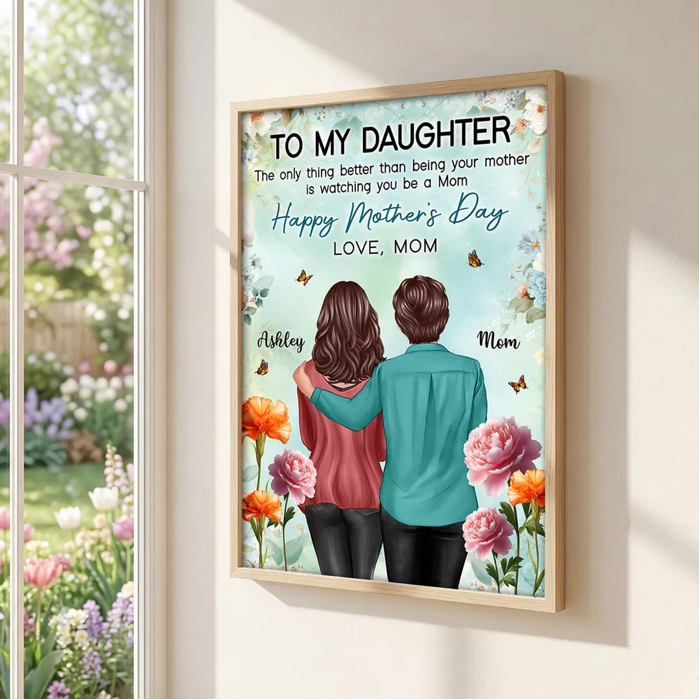 Personalized Mother's Day Poster, Mom and Daughter Hugging Back View Floral Wall Art, Unique Gift for Daughter from Mom - Image 3