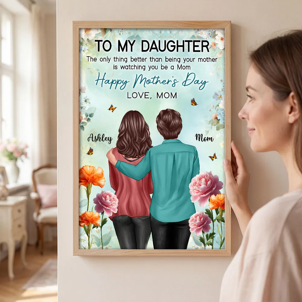 Personalized Mother's Day Poster, Mom and Daughter Hugging Back View Floral Wall Art, Unique Gift for Daughter from Mom - Image 8