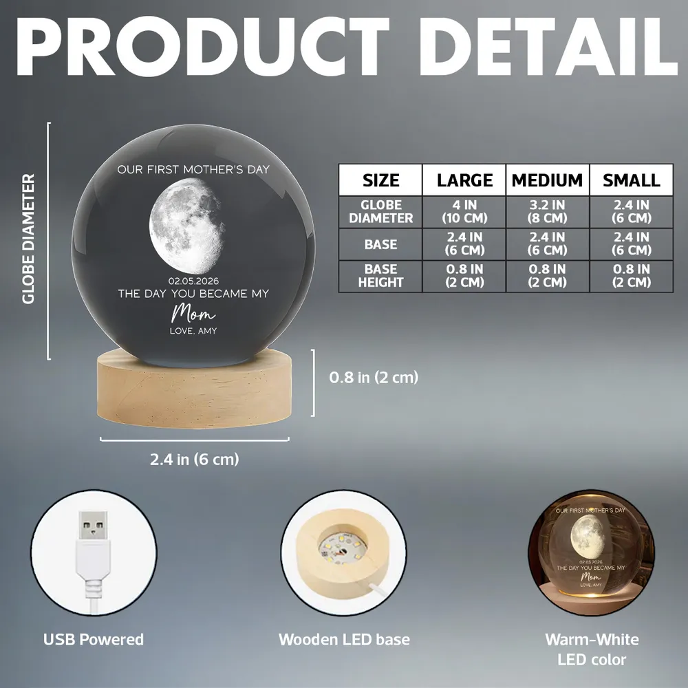 Personalized K5 Globe Lamp with Custom Moon Phase, First Mother's Day Keepsake Night Light, Unique Gift for Mom - Image 5