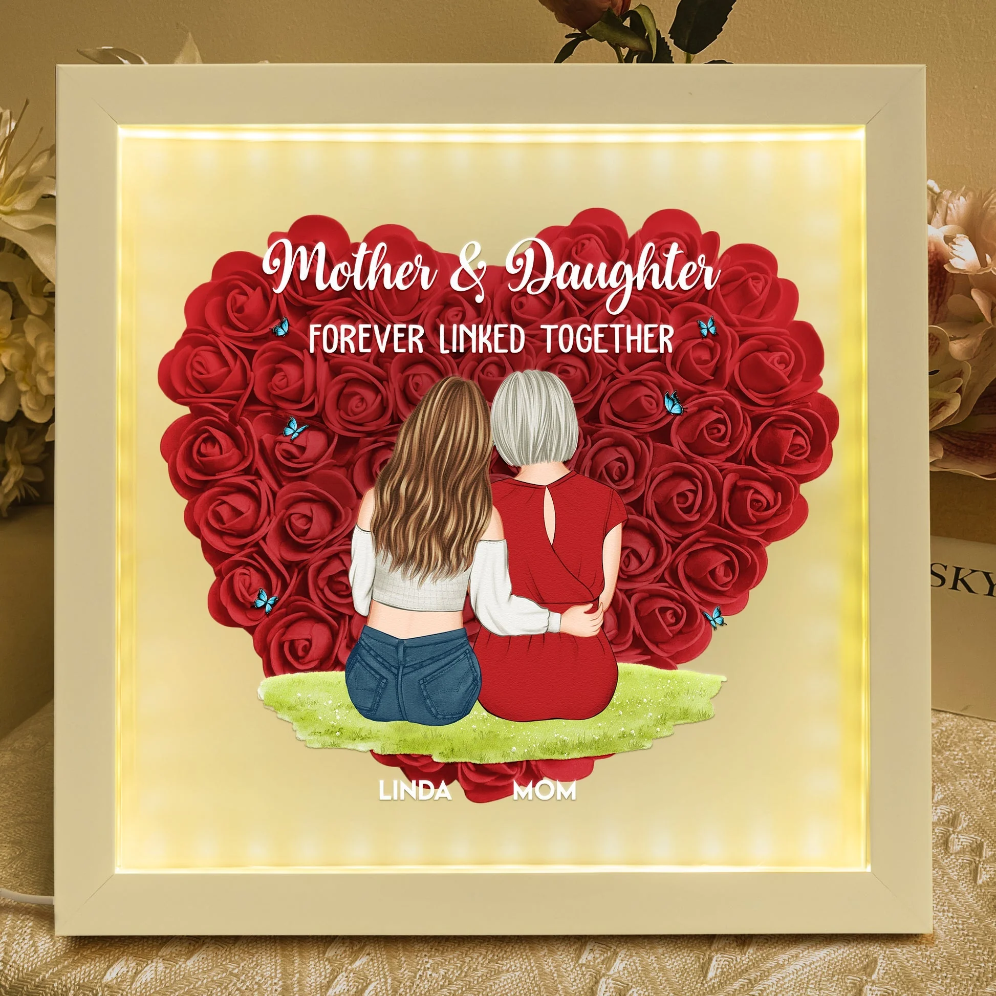 Mother & Daughter Hugging Shadow Box, Personalized Keepsake Home Decor with Warm Glow, Heartfelt Gift for Mom