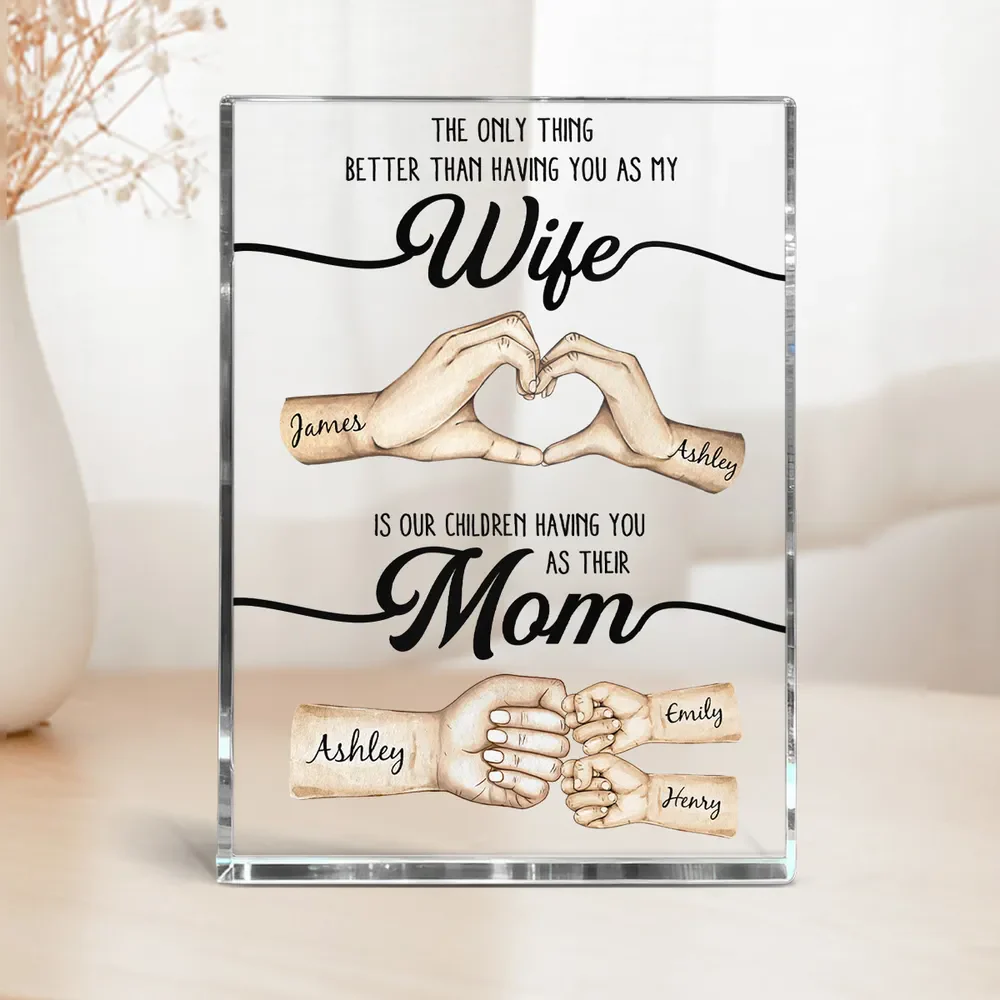 Rectangle Acrylic Block Plaque Personalized for Wife, Sweet Mom Keepsake with Hand Heart and Fist Bump Art, Unique Gift