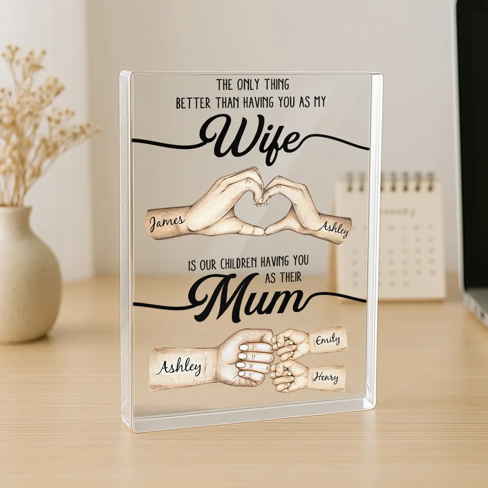 Rectangle Acrylic Block Plaque Personalized for Wife, Sweet Mom Keepsake with Hand Heart and Fist Bump Art, Unique Gift - Image 2