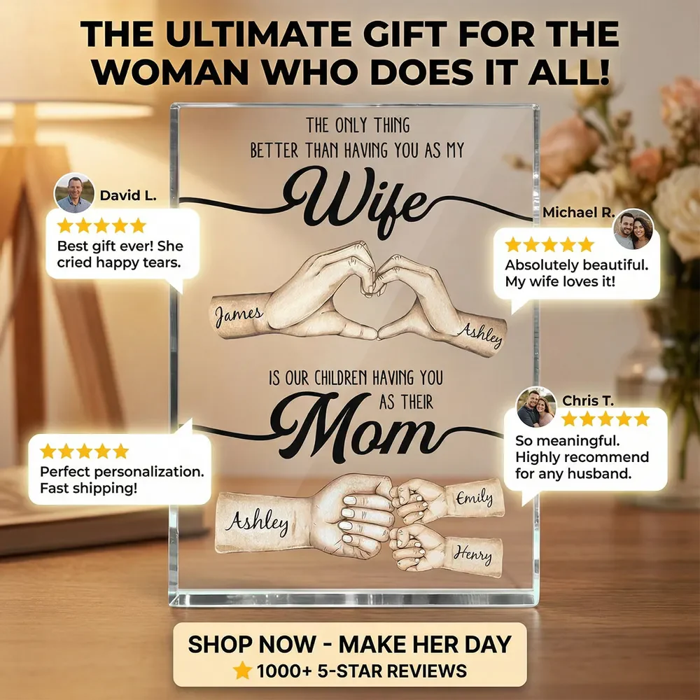 Rectangle Acrylic Block Plaque Personalized for Wife, Sweet Mom Keepsake with Hand Heart and Fist Bump Art, Unique Gift - Image 6