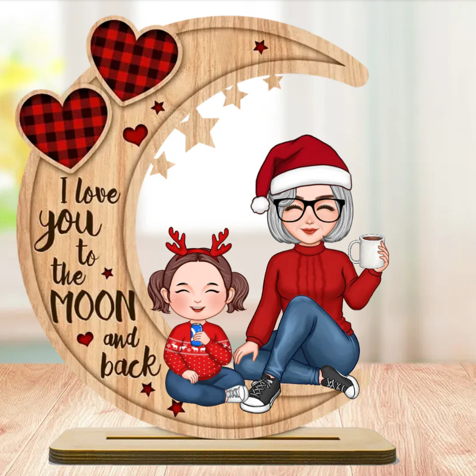 Grandma & Grandkid Sitting On Heart Pattern Moon - Personalized Ornament Or Plaque - Image 5