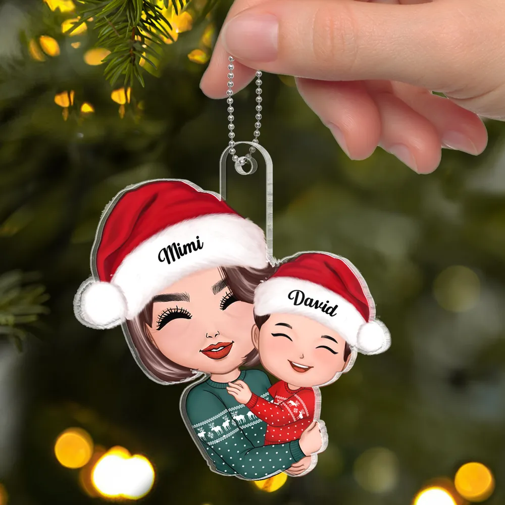 Gift for Grandkid & Grandma - Grandma Mom Hugging Kid - Personalized Custom Ornament, Keychain,Plaque and Pillow - Image 5