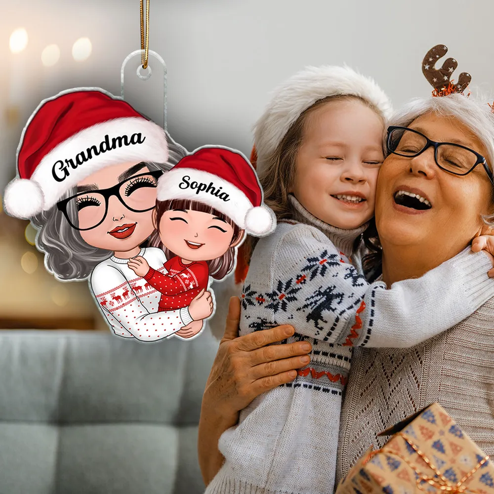 Gift for Grandkid & Grandma - Grandma Mom Hugging Kid - Personalized Custom Ornament, Keychain,Plaque and Pillow - Image 8