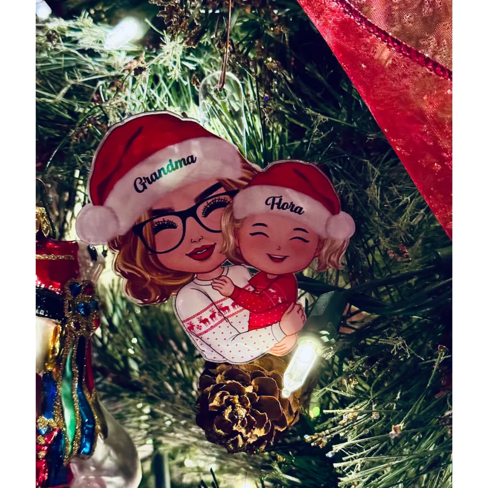 Gift for Grandkid & Grandma - Grandma Mom Hugging Kid - Personalized Custom Ornament, Keychain,Plaque and Pillow - Image 9
