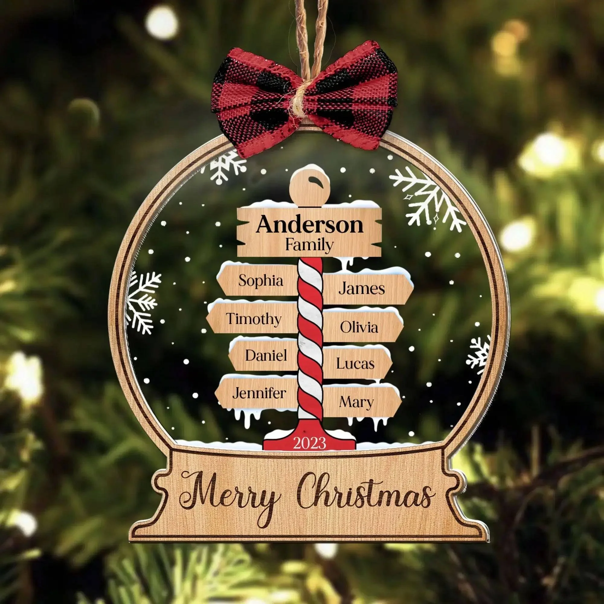 Merry Christmas - A Great Christmas Gift for Your Family- Personalized Wood And Acrylic Ornament With Bow