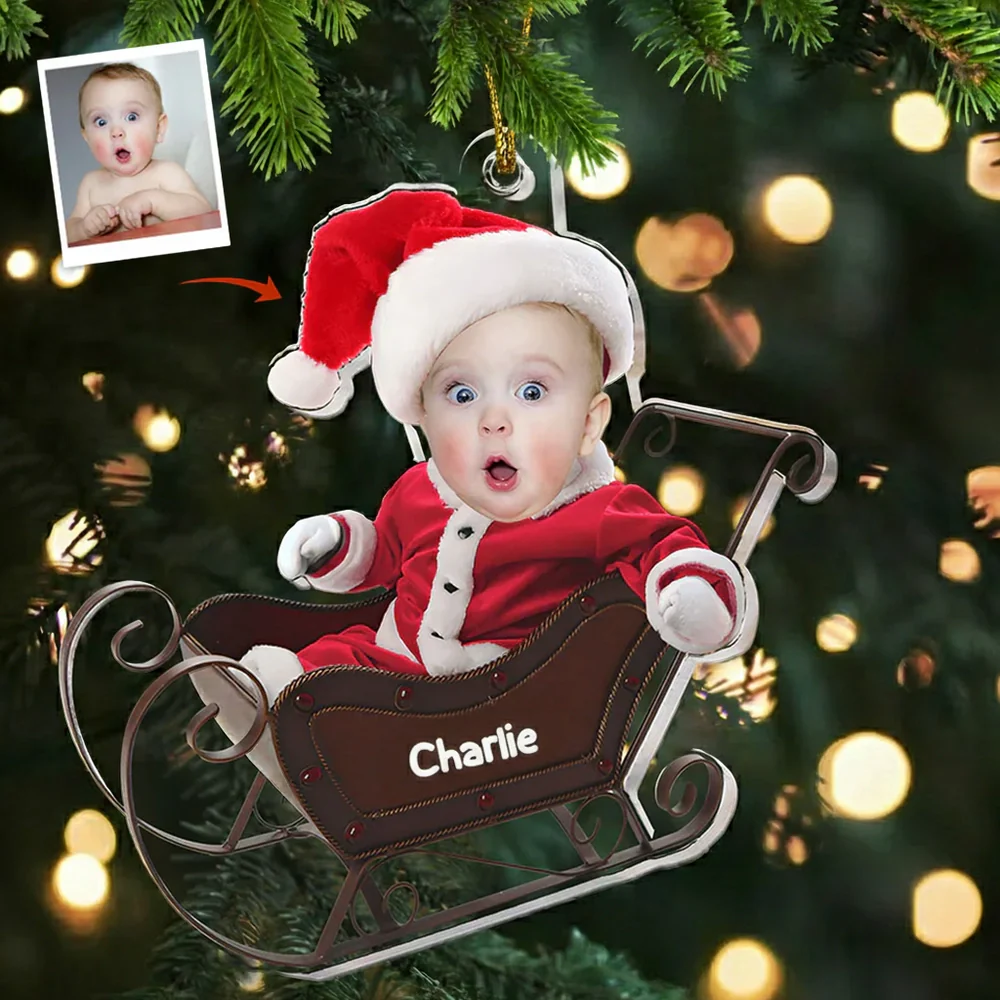 Acrylic Ornament Custom Photo Santa Baby in Sleigh for Christmas Tree, Keepsake, Unique Gift for Parents and Grandparents
