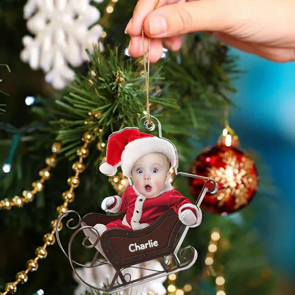 Acrylic Ornament Custom Photo Santa Baby in Sleigh for Christmas Tree, Keepsake, Unique Gift for Parents and Grandparents - Image 4