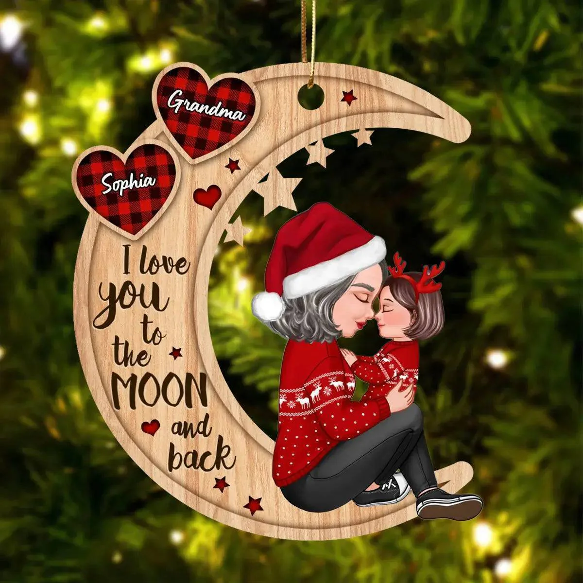 Grandma Mom Hugging Kissing Kids On Heart Pattern Moon - Personalized Wooden Ornament