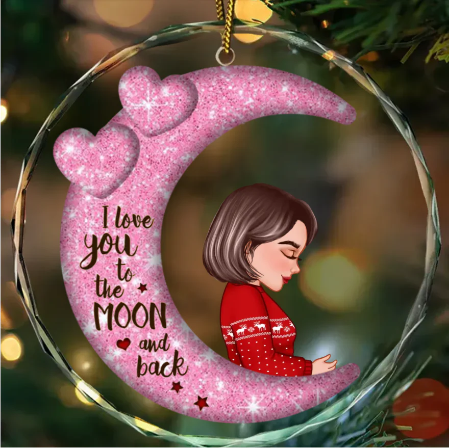 Grandma Mom Hugging GrandKid Kid On Heart Pattern Moon - Personalized Wooden Ornament - Gift For Granddaughter Grandson - Image 4
