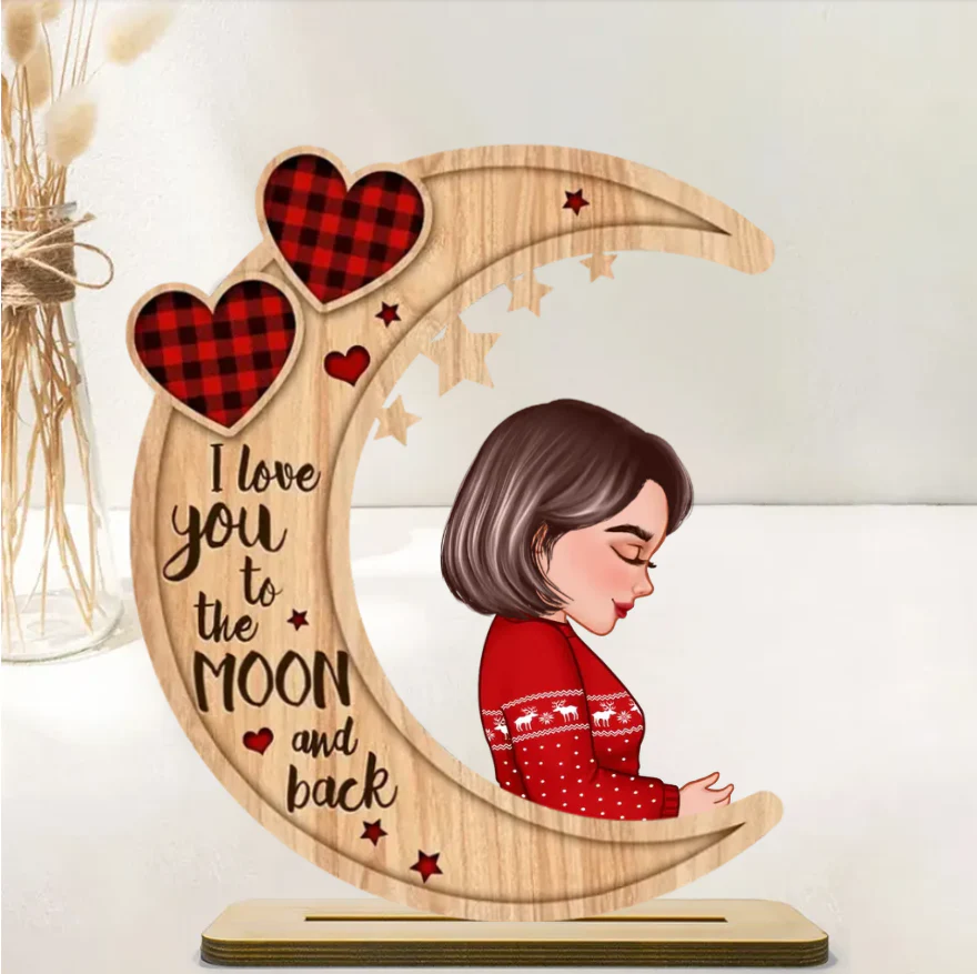 Grandma Mom Hugging GrandKid Kid On Heart Pattern Moon - Personalized Wooden Ornament - Gift For Granddaughter Grandson - Image 6