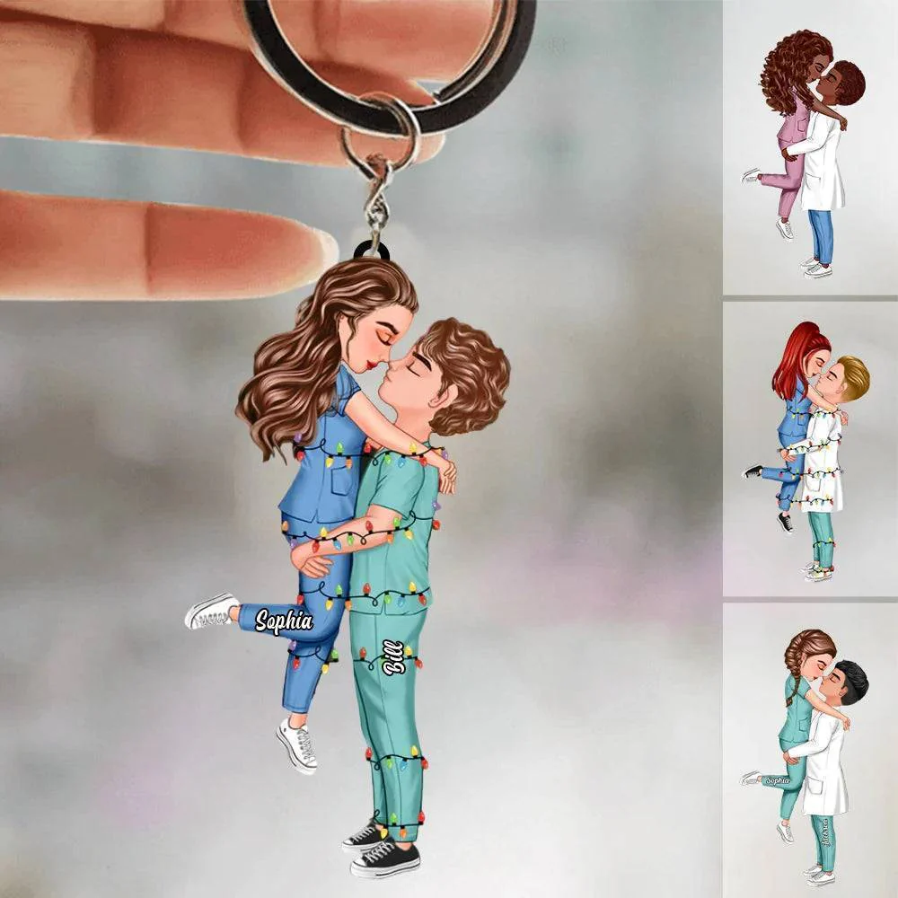 Personalized Couple Portrait, Firefighter, Nurse, Police Officer, Teacher, Gifts by Occupation Acrylic Keychain - Image 4