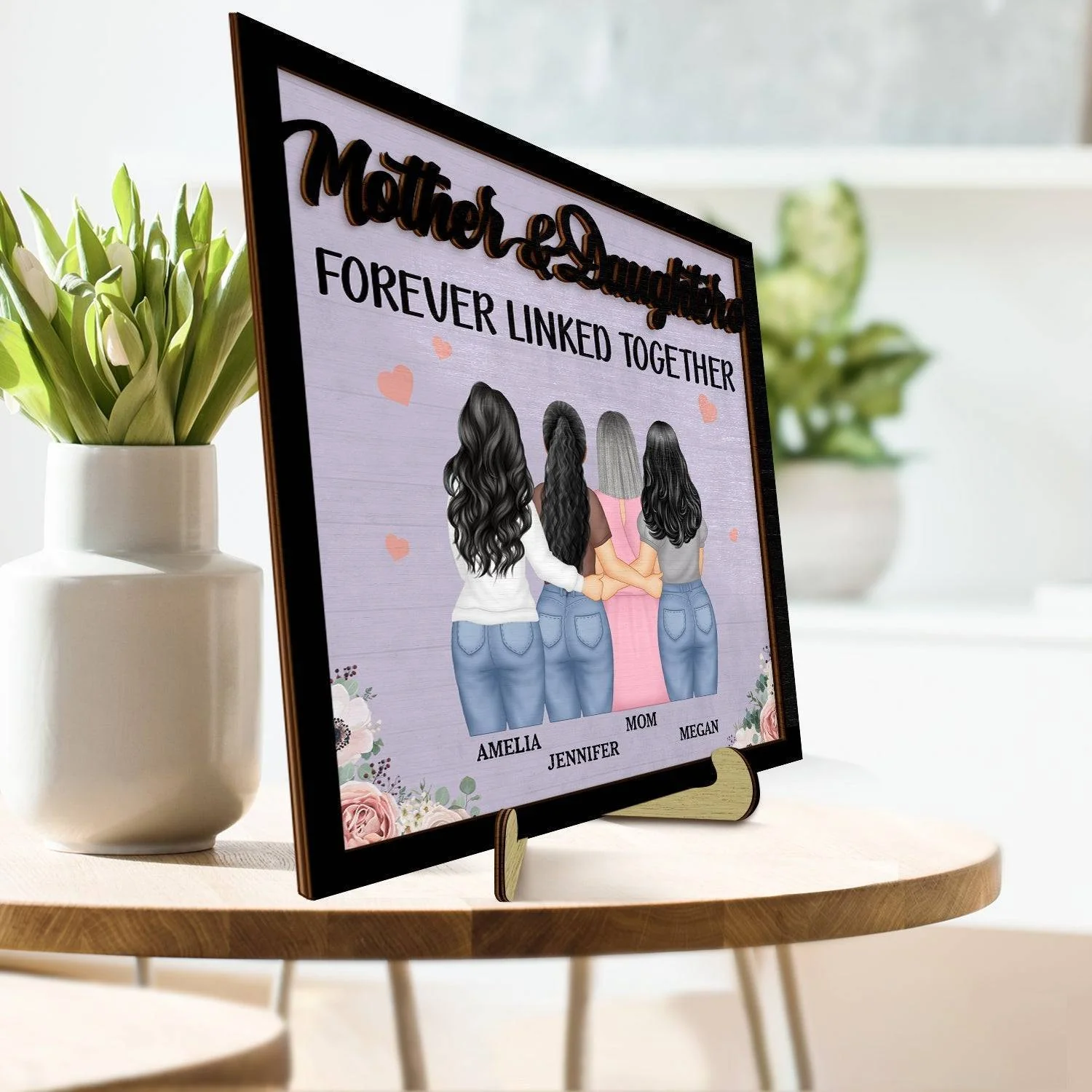 Eternal Maternal Bond - 'Mother and Daughters Forever Linked' Personalized Wooden Plaque with Stand - Ideal Gift for Mom & Grandma on Mother's Day - Image 3