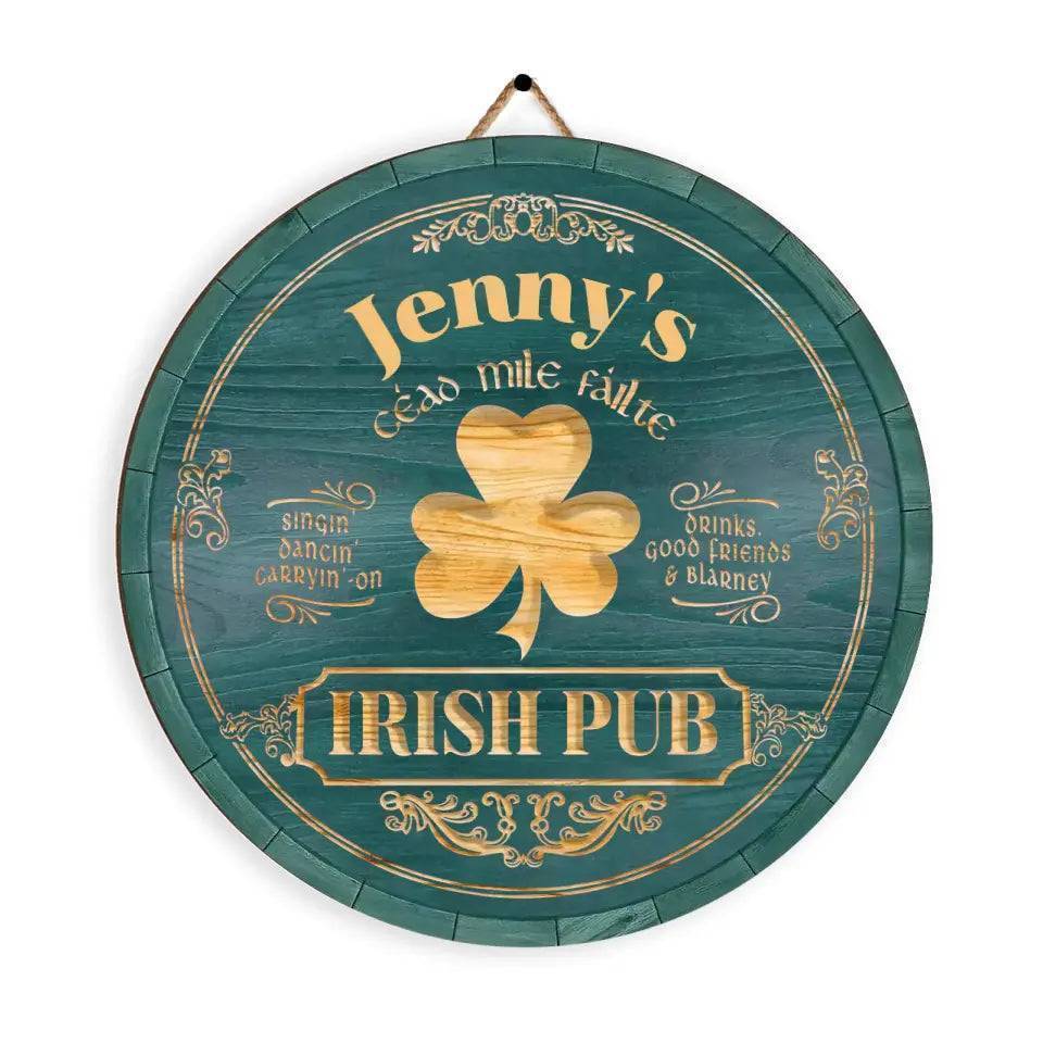 Personalized Irish Pub Clover Wooden Sign Round Green Bar Decor With Celtic Style Lettering Unique St. Patrick's Day Gift