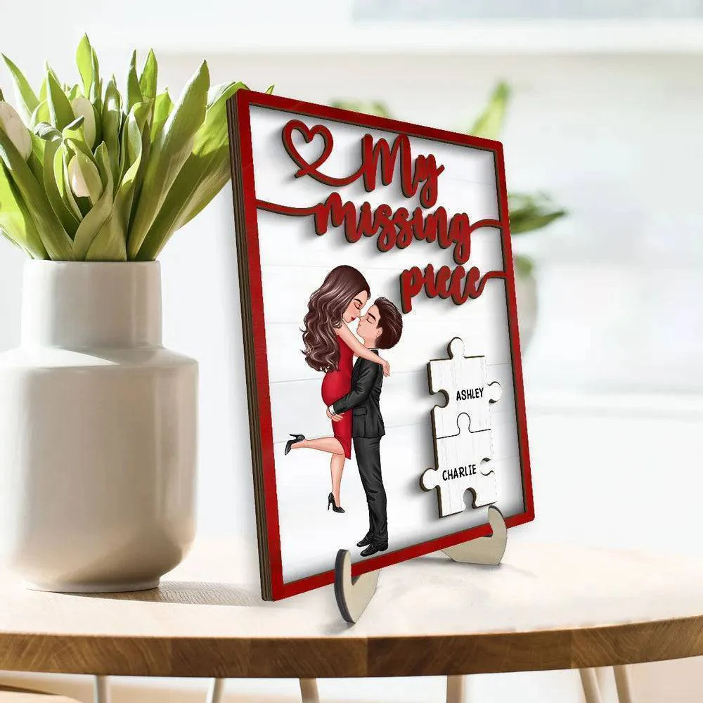 Embrace of Love - 'My Missing Piece' Personalized 2-Layer Wooden Plaque with Hugging & Kissing Couple - Ideal Valentine's & Anniversary Gift for Him & Her - Image 3