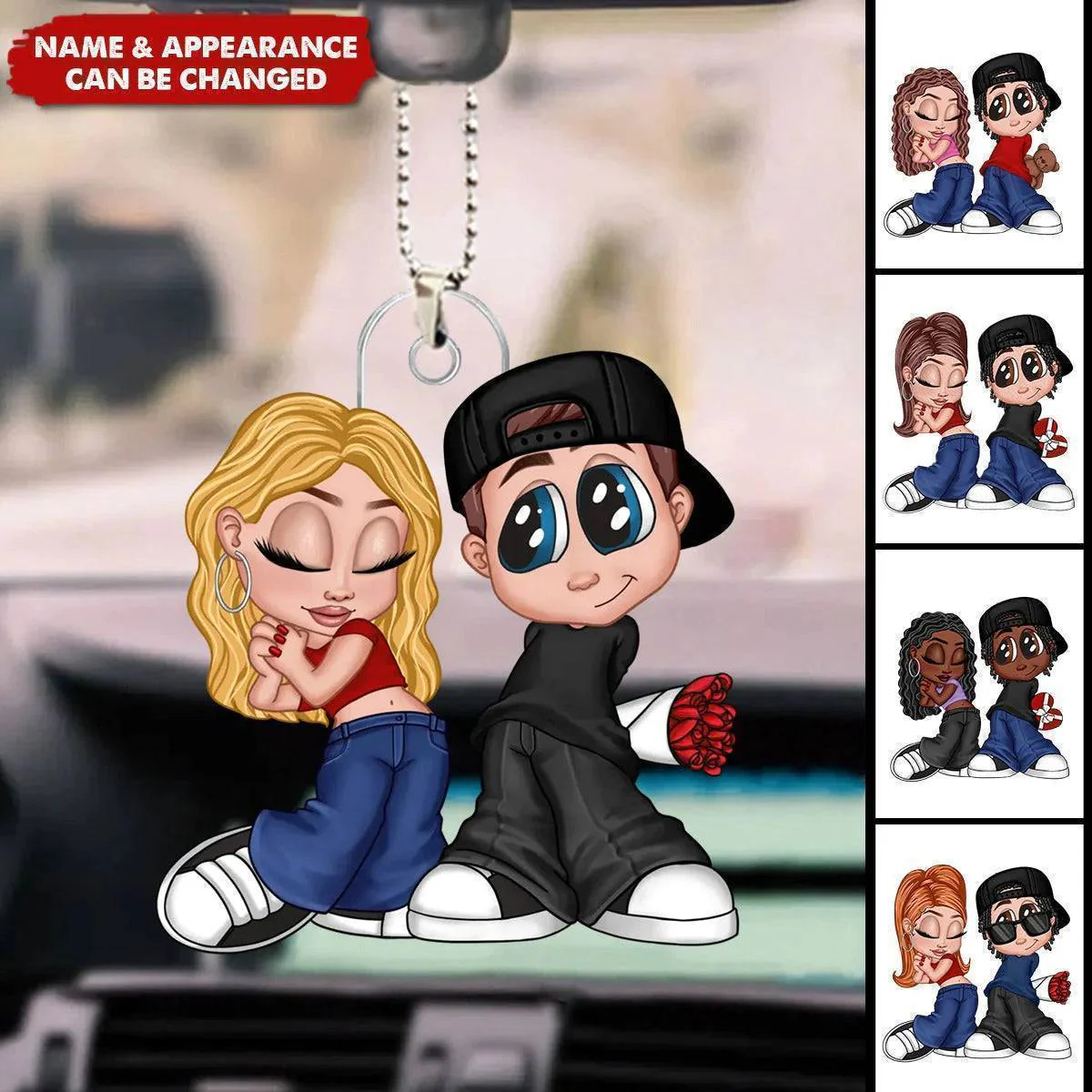 Personalized Y2K Cartoon Lovers Acrylic Car Hanger, Unique Anniversary Gift for Couples