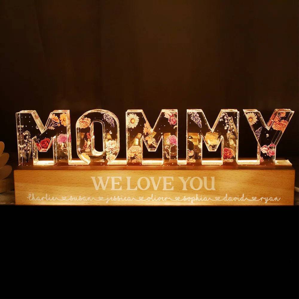 Personalized Block LED Light Plaque with Floral MOMMY Design and Warm Glow for Bedroom or Desk, Unique Gift for Mom - Image 2