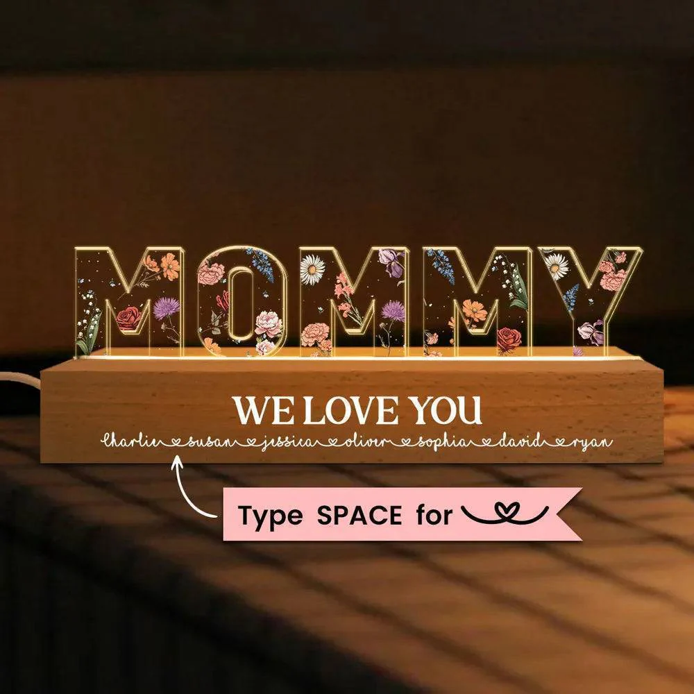 Personalized Block LED Light Plaque with Floral MOMMY Design and Warm Glow for Bedroom or Desk, Unique Gift for Mom - Image 3