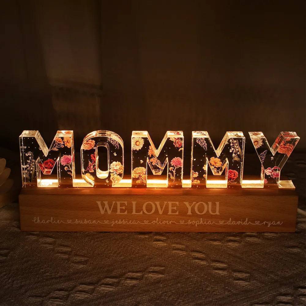 Personalized Block LED Light Plaque with Floral MOMMY Design and Warm Glow for Bedroom or Desk, Unique Gift for Mom - Image 4