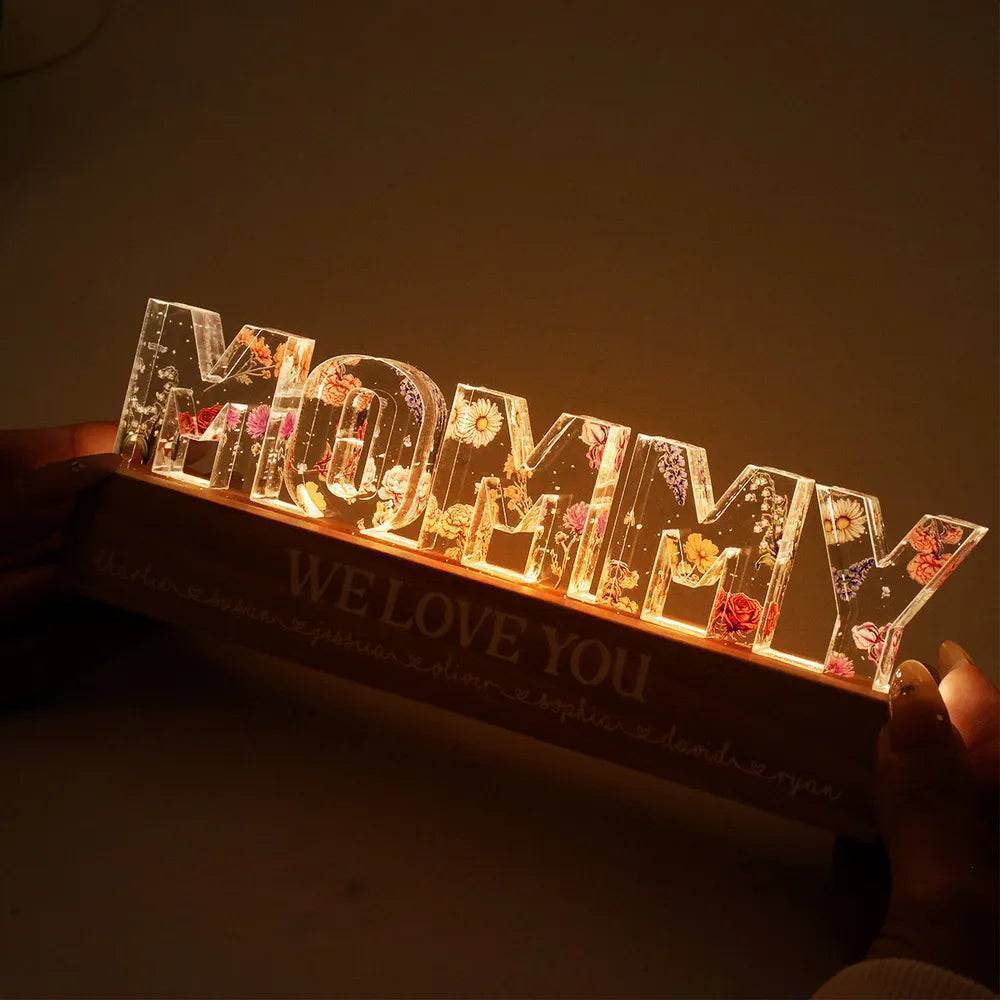 Personalized Block LED Light Plaque with Floral MOMMY Design and Warm Glow for Bedroom or Desk, Unique Gift for Mom - Image 6