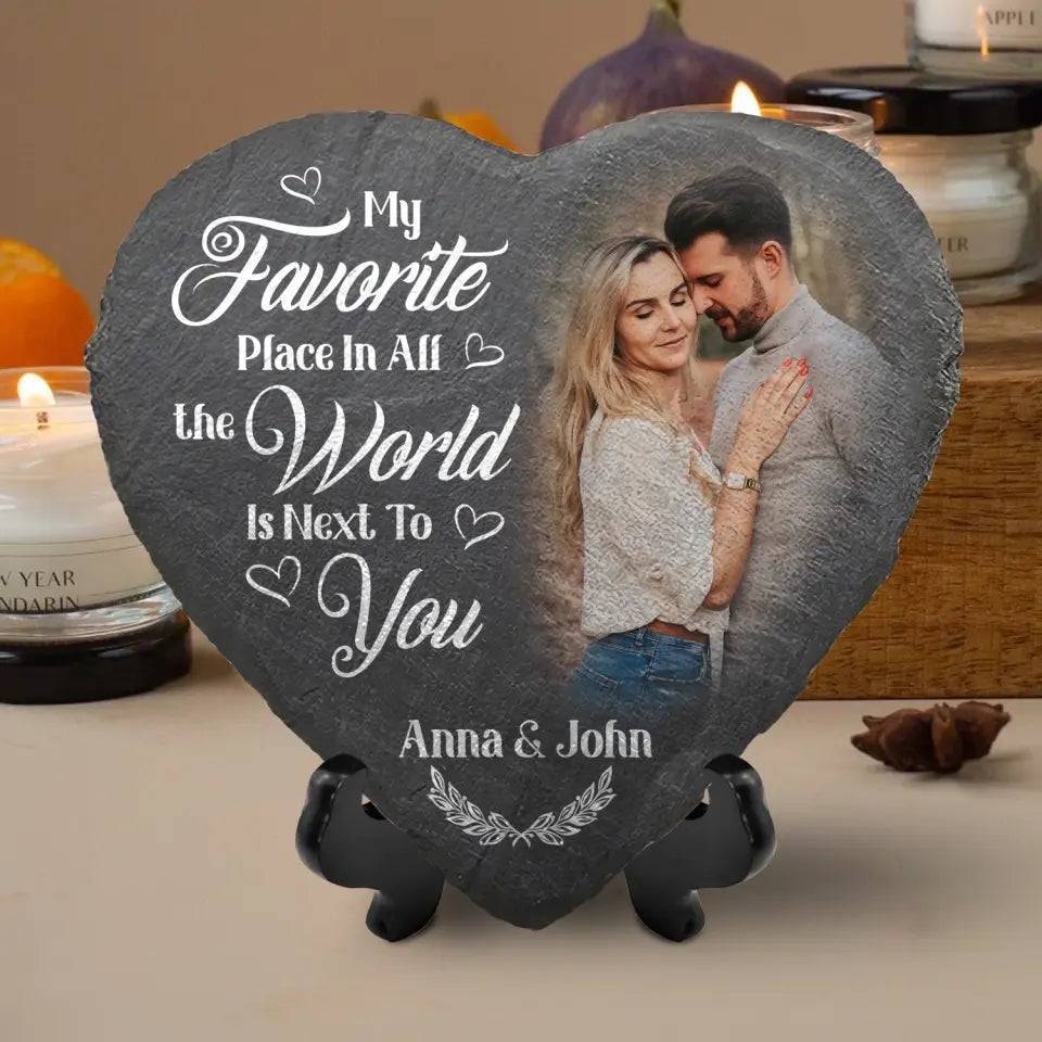 Custom Photo My Favorite Place In All The World Is Next To You - Couple Personalized Custom Heart Shaped Stone With Stand - Gift For Husband Wife, Anniversary - Image 3