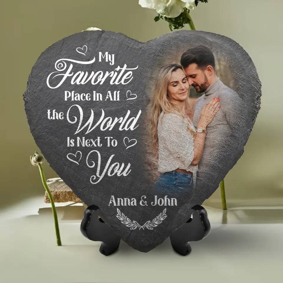 Custom Photo My Favorite Place In All The World Is Next To You - Couple Personalized Custom Heart Shaped Stone With Stand - Gift For Husband Wife, Anniversary - Image 4
