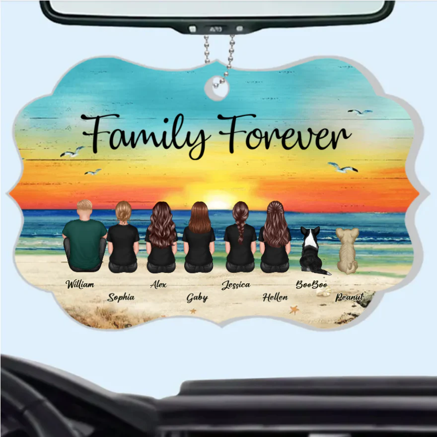 "Beach Landscape Family Sitting Back View Acrylic Or Wooden Car Hanger, Perfect Gift for Father's Day, for Dad or Grandpa" - Image 2