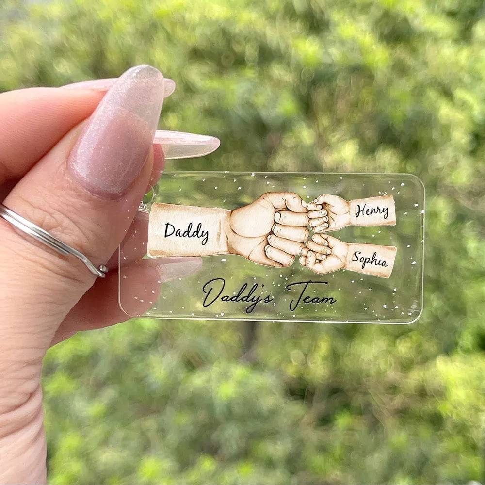 “Daddy's Dream Team” - Personalized Fist Bump Acrylic Or Wooden Keychain- Ideal Father's Day Gift - Image 4
