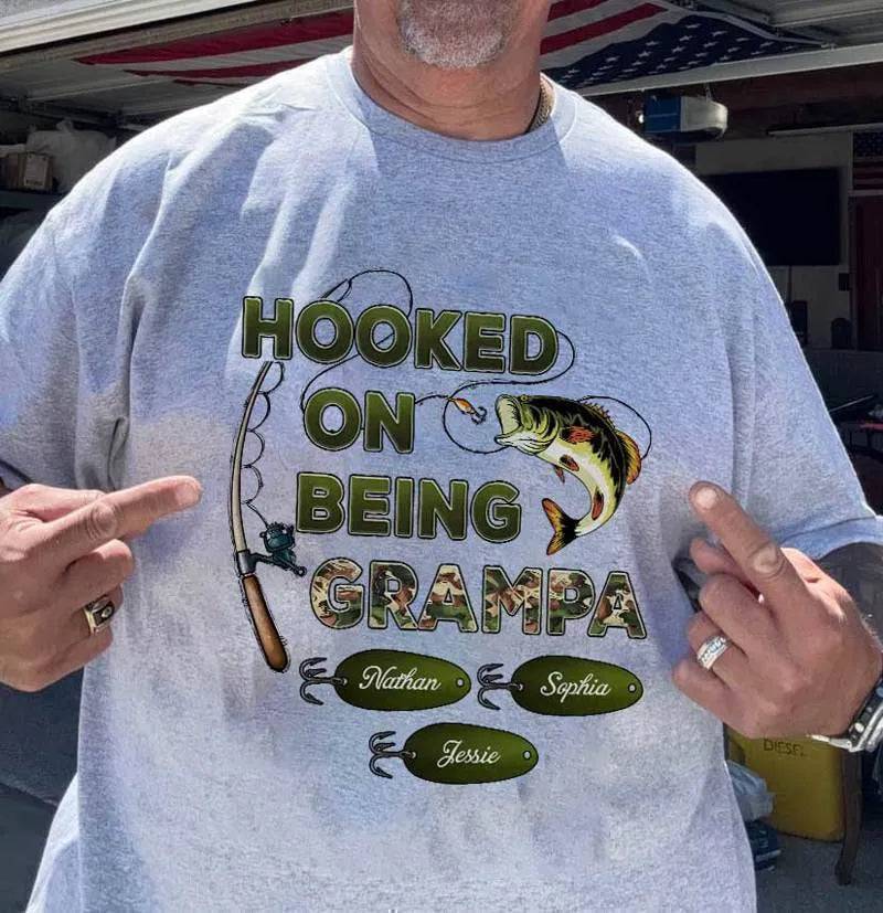 "Personalized Grandpa Fishing T-Shirt/Hoodie - Hooked on Being Grandpa - Ideal Father's Day or Birthday Gift" - Image 17