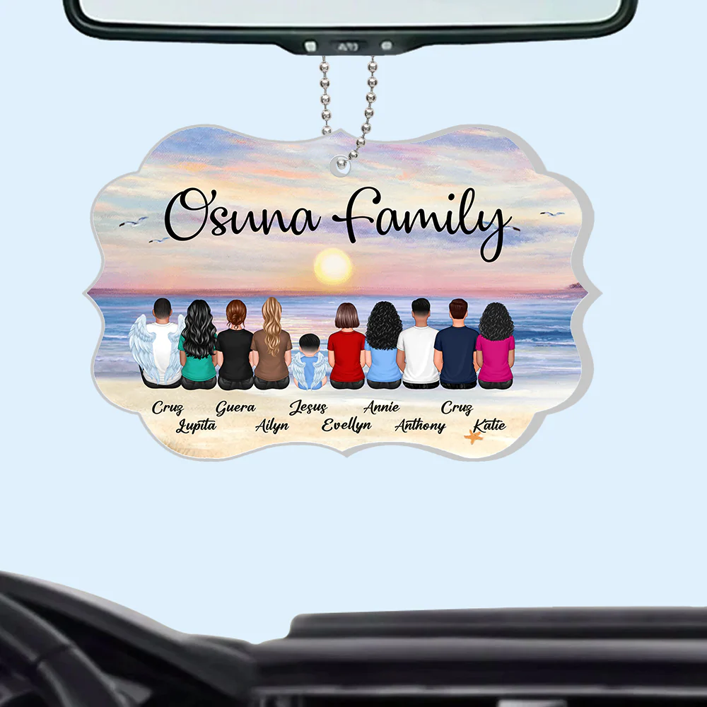 "Beach Landscape Family Sitting Back View Acrylic Or Wooden Car Hanger, Perfect Gift for Father's Day, for Dad or Grandpa" - Image 3